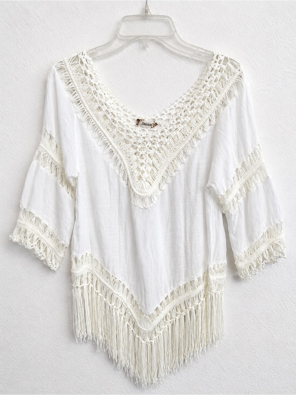 Janice Women’s L White Crochet Fringe Boho Tunic Top Blouse 3/4 Sleeve